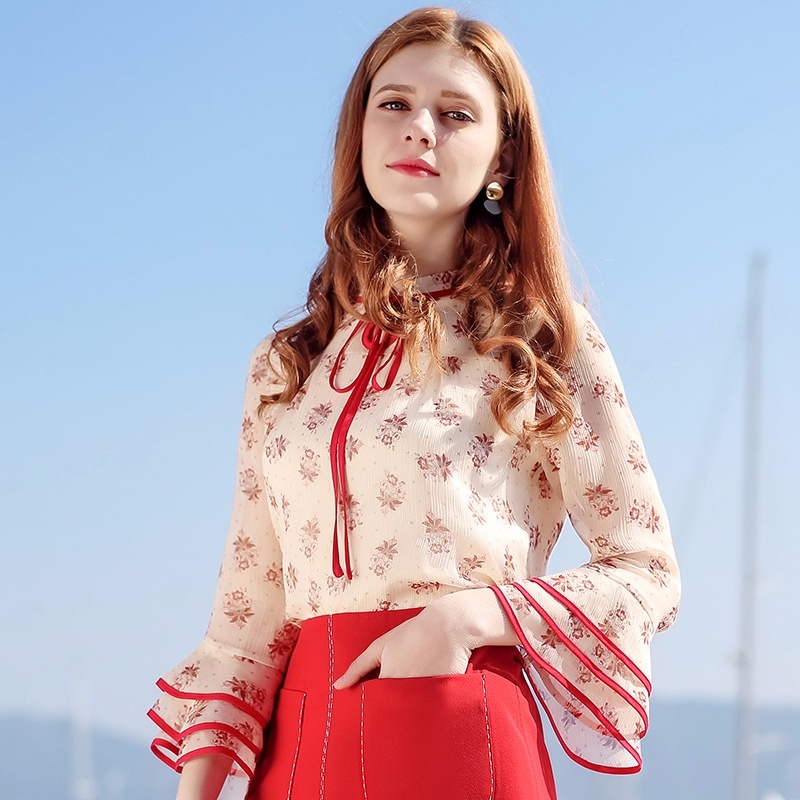 Stand Collar Nine Small Trumpet Sleeves Printed Fresh Chiffon Shirt