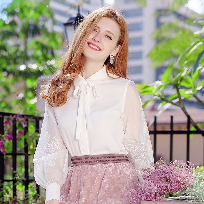 Lantern Sleeve Embroidery Single-Breasted Woven Casual Wild Shirt