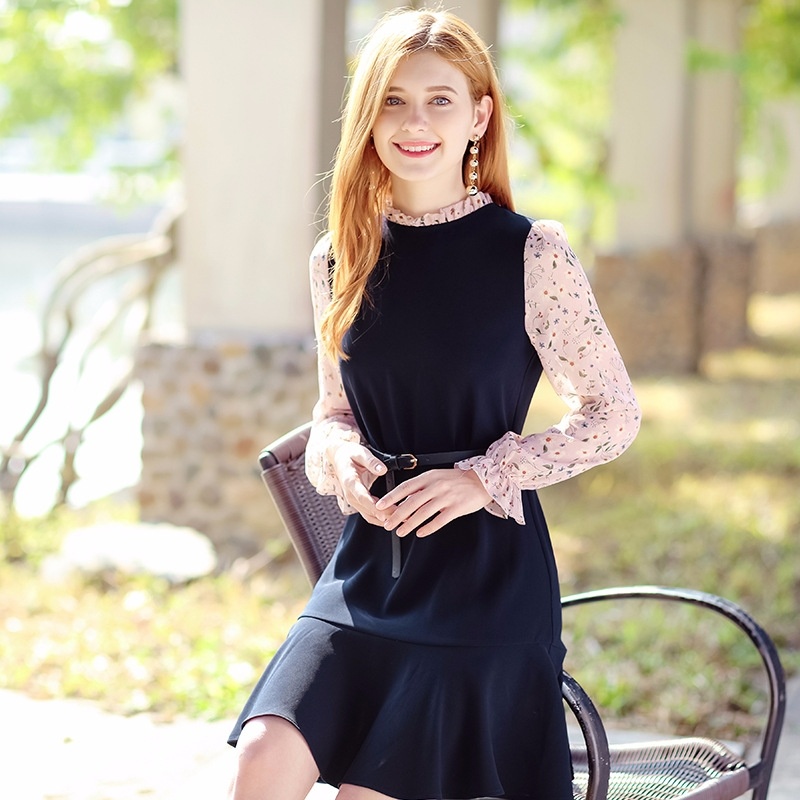 Horn Sleeves Ruffle Temperament Ladies Fake Two Pieces Of Dress
