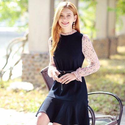 Horn Sleeves Ruffle Temperament Ladies Fake Two Pieces Of Dress