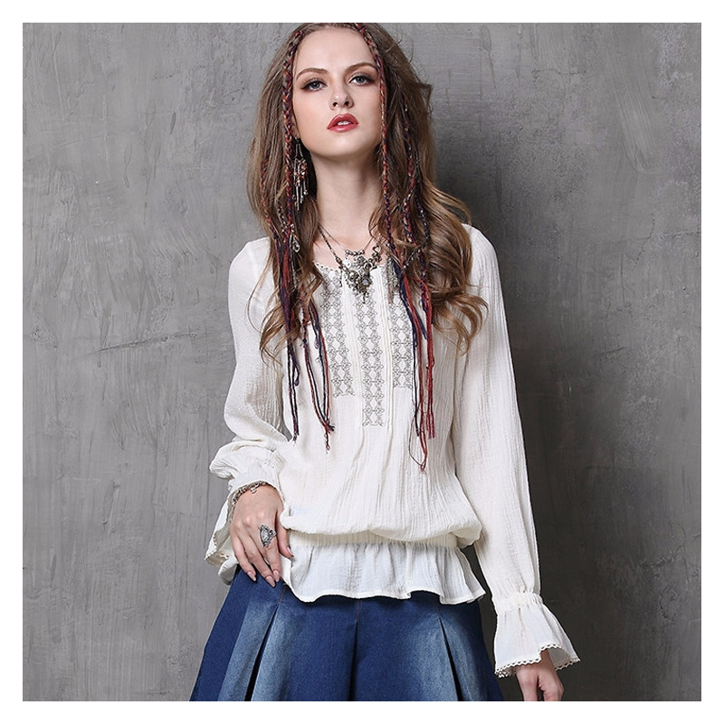 Vintage Embroidered Ruffled Long-Sleeved Shirt