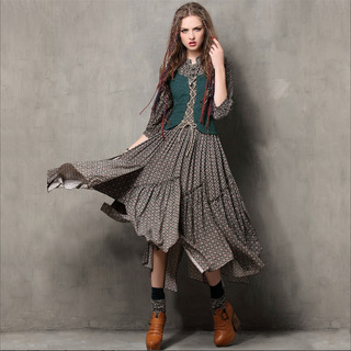Printed Vintage Buckle Embroidered Slim Long Dress