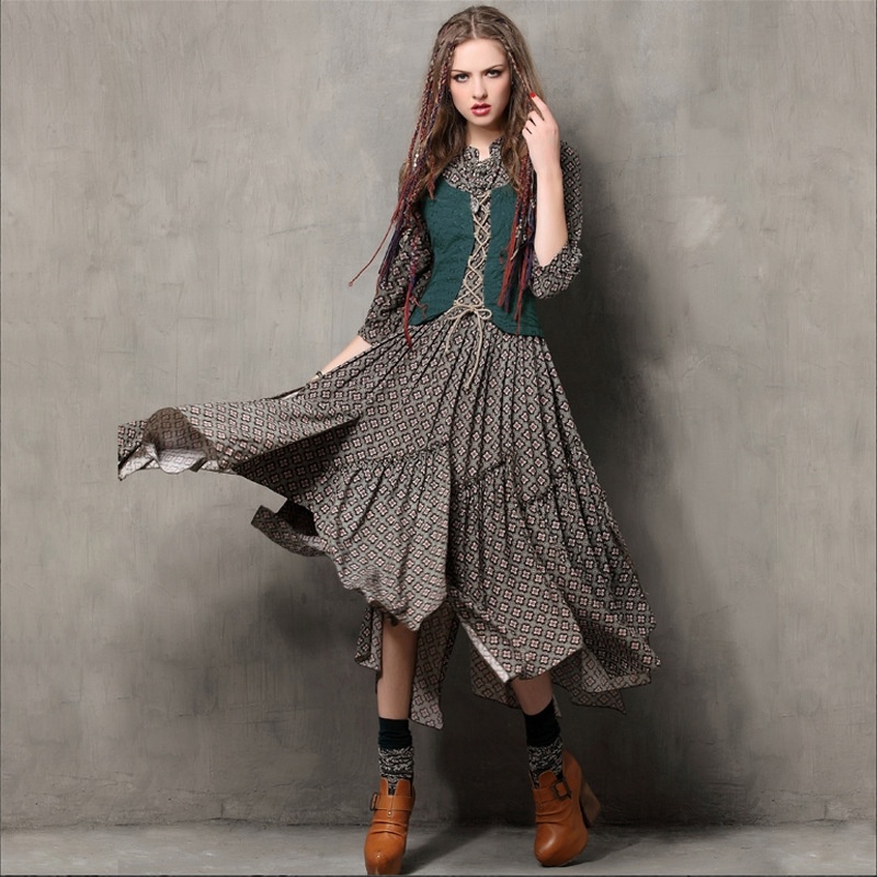 Printed Vintage Buckle Embroidered Slim Long Dress