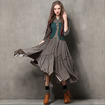 Printed Vintage Buckle Embroidered Slim Long Dress