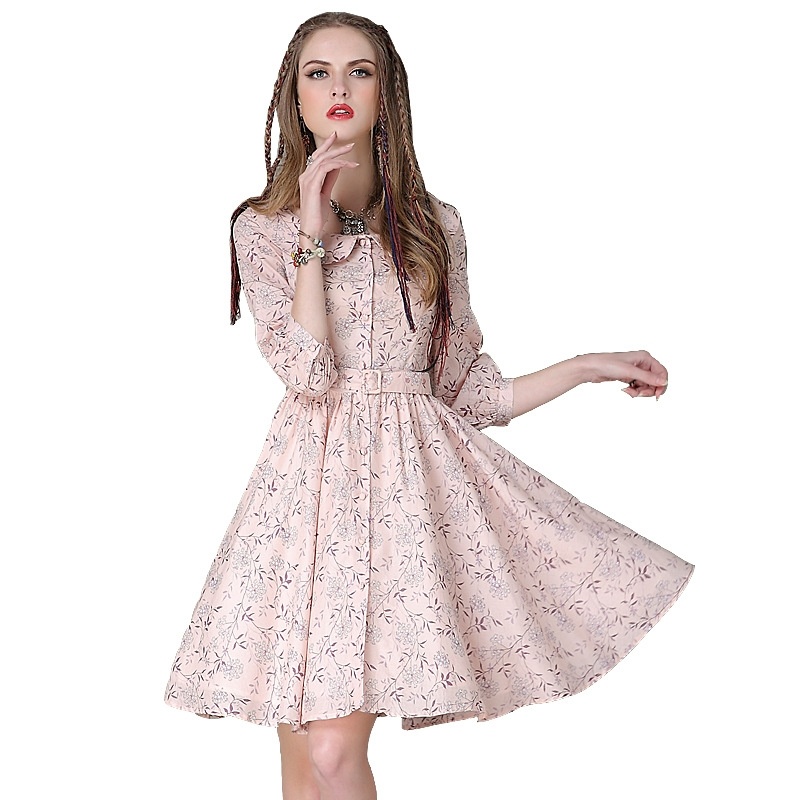 Retro Small Fresh Cotton Belt Printed Large Dress