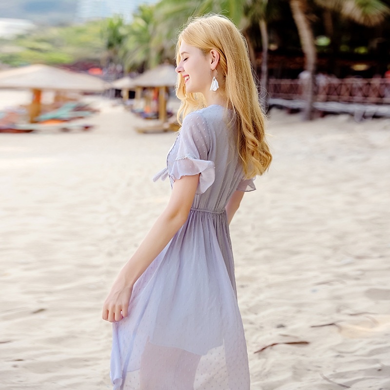 Round Neck Horn Sleeve A Word Skirt Sexy Thin Chiffon Dress