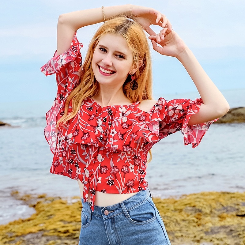 Off-the-shoulder Lotus Leaf Sleeve Print Chiffon Shirt