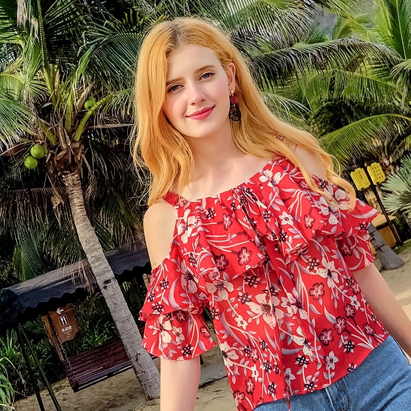 Off-the-shoulder Lotus Leaf Sleeve Print Chiffon Shirt