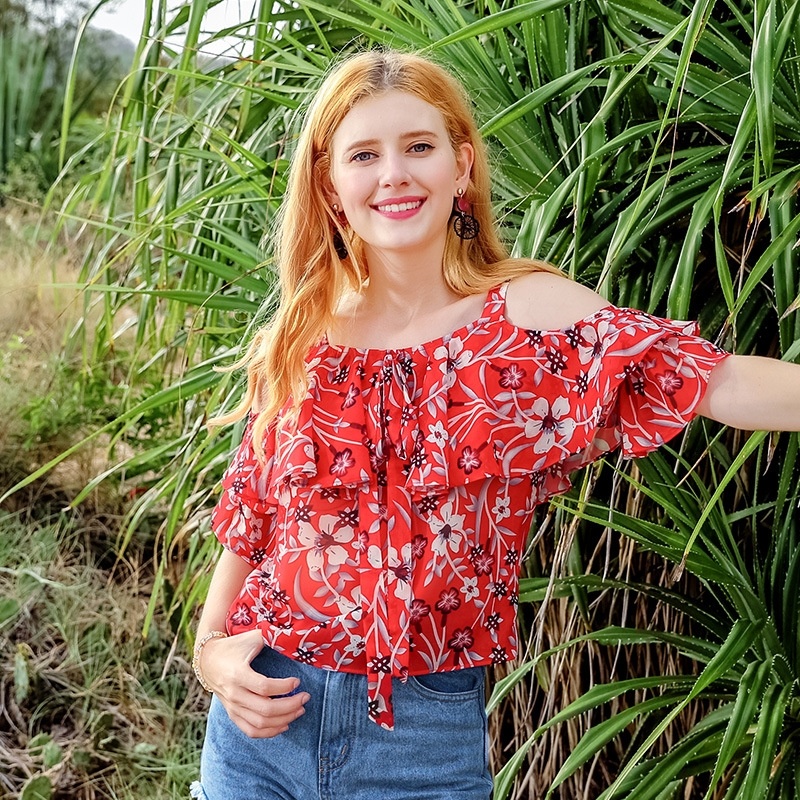 Off-die-Schulter Lotusblatt Ärmel Gedruckt Chiffon Shirt