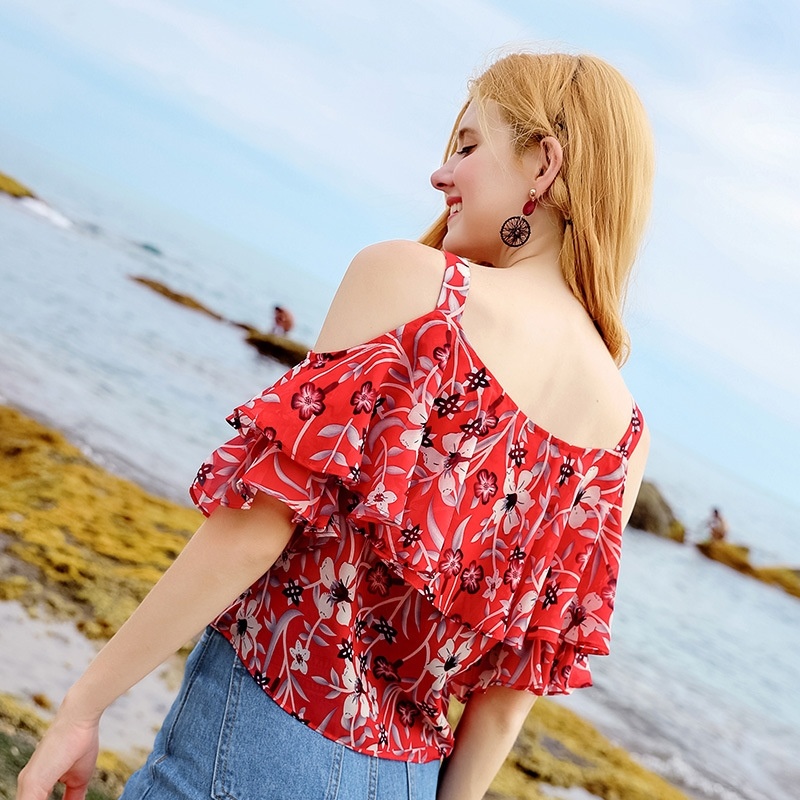 Off-the-shoulder Lotus Leaf Sleeve Print Chiffon Shirt