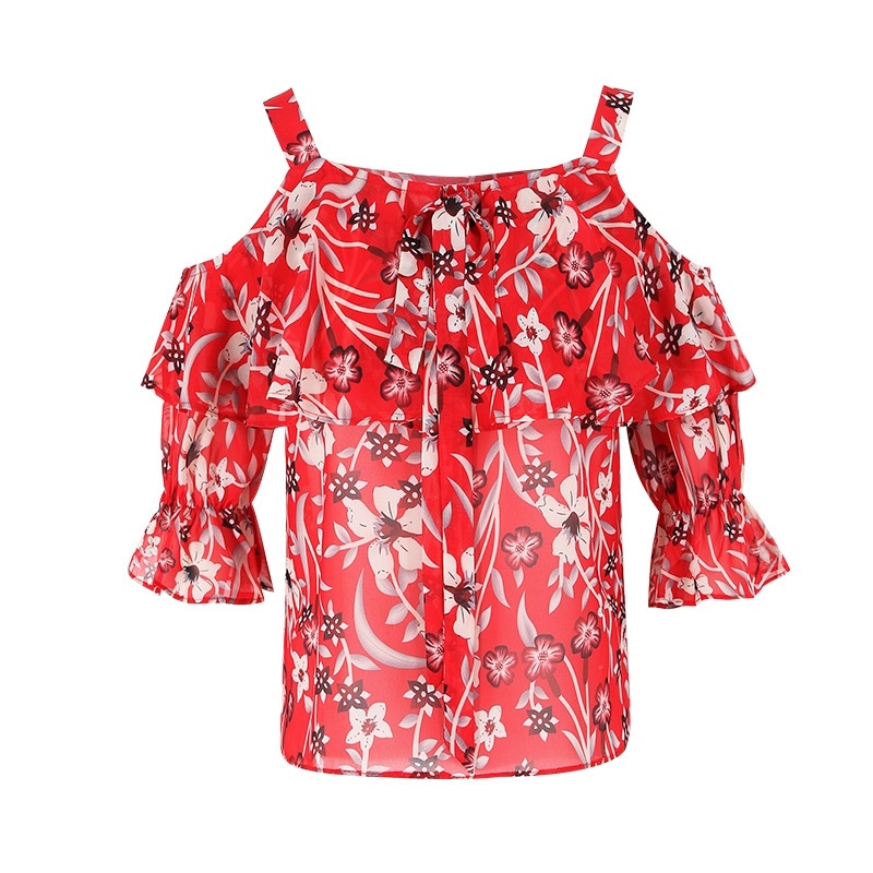 Off-the-shoulder Lotus Leaf Sleeve Print Chiffon Shirt