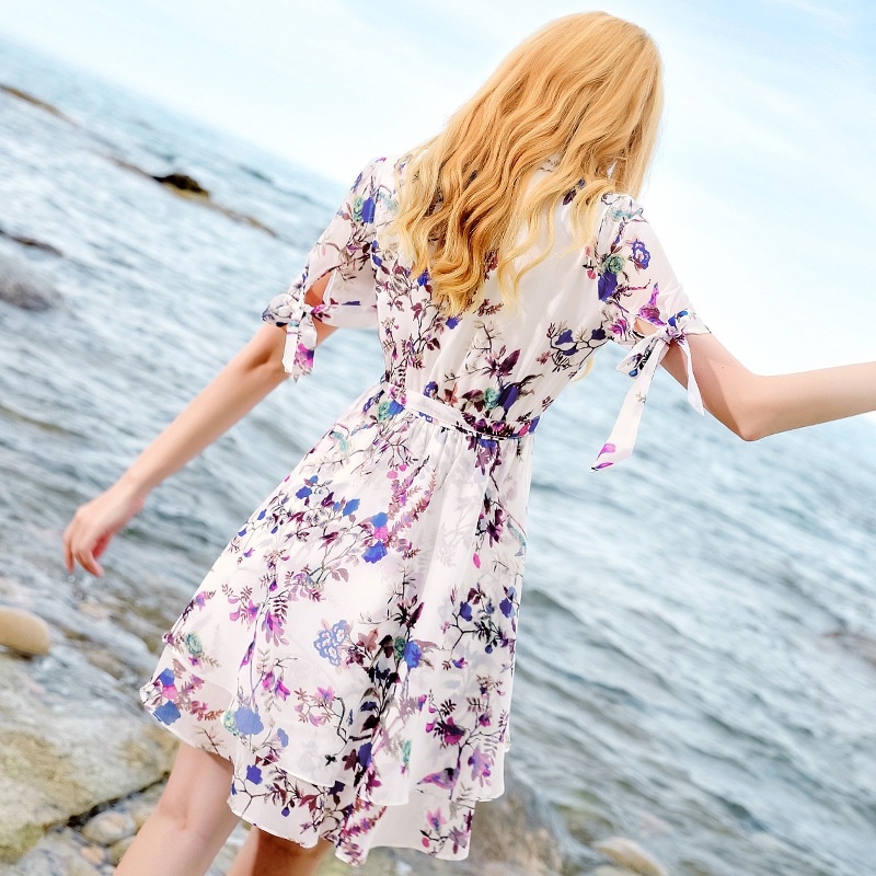 Revers-Print Rüschen Chiffon-Kleid