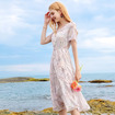 Flared Sleeve Frill Print Chiffon Dress