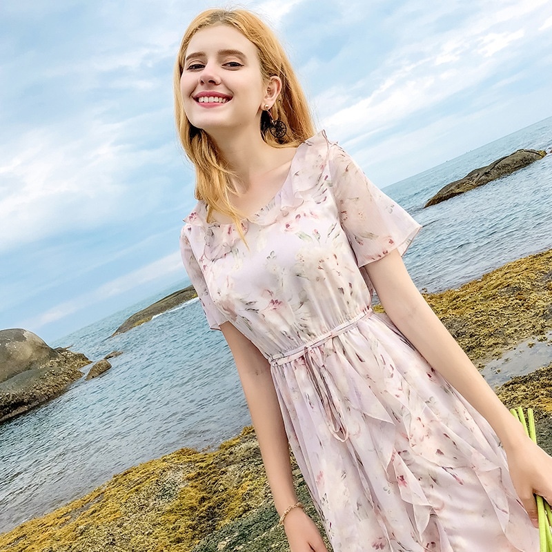 Flared Sleeve Frill Print Chiffon Dress