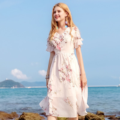 V-neck Lotus Leaf Print Ein Wort Rock Wilde Dünne Chiffon-Kleid