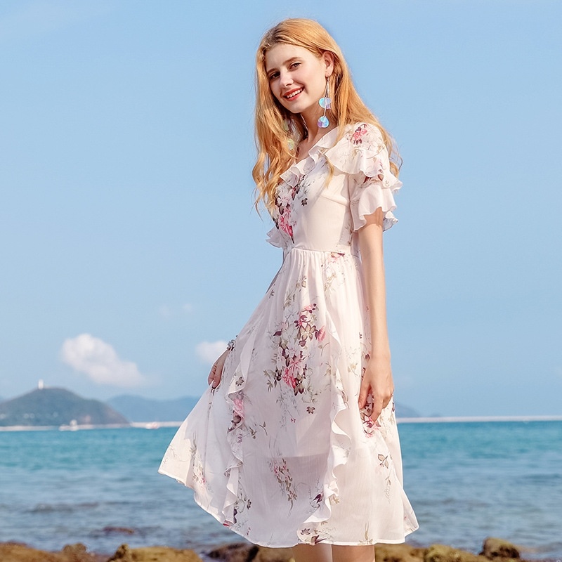 V-neck Lotus Leaf Print A Word Skirt Wild Thin Chiffon Dress