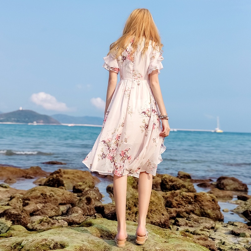 V-neck Lotus Leaf Print A Word Skirt Wild Thin Chiffon Dress