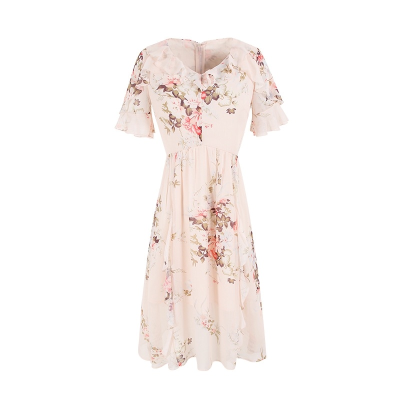 V-neck Lotus Leaf Print A Word Skirt Wild Thin Chiffon Dress