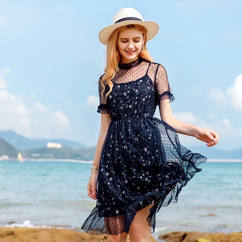 Bell Sleeve Pleated Skirt Sexy Mesh Print Chiffon Dress