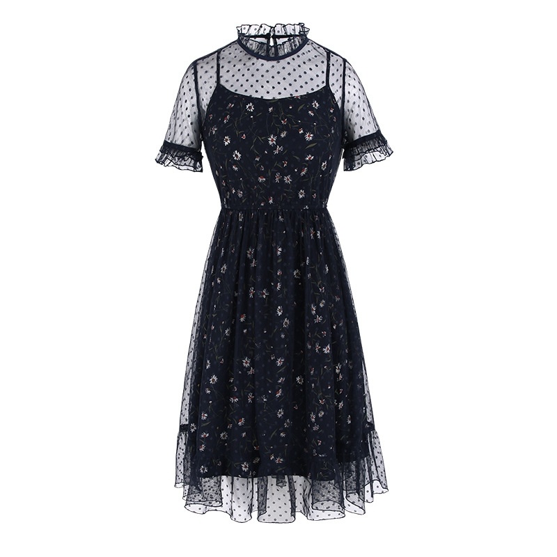 Bell Sleeve Pleated Skirt Sexy Mesh Print Chiffon Dress