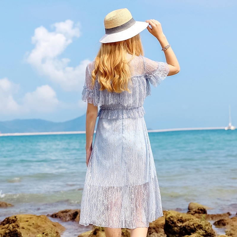 Horn Sleeve Perspective Hollow Lace Dress