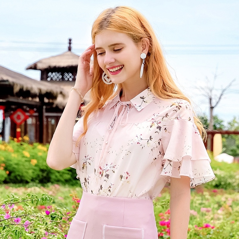 Lace-up Sleeve Print Chiffon Shirt