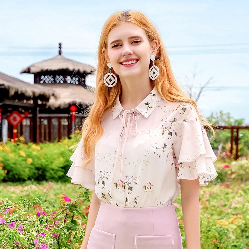 Lace-up Sleeve Print Chiffon Shirt