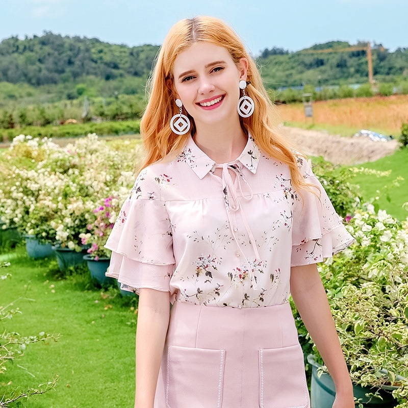 Lace-up Sleeve Print Chiffon Shirt