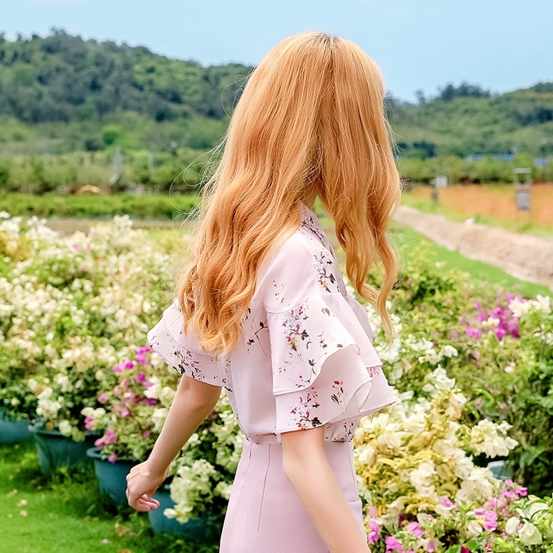 Lace-up Sleeve Print Chiffon Shirt
