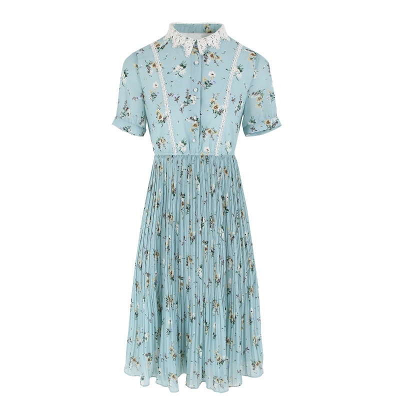 Lapel Pleated Chiffon Dress