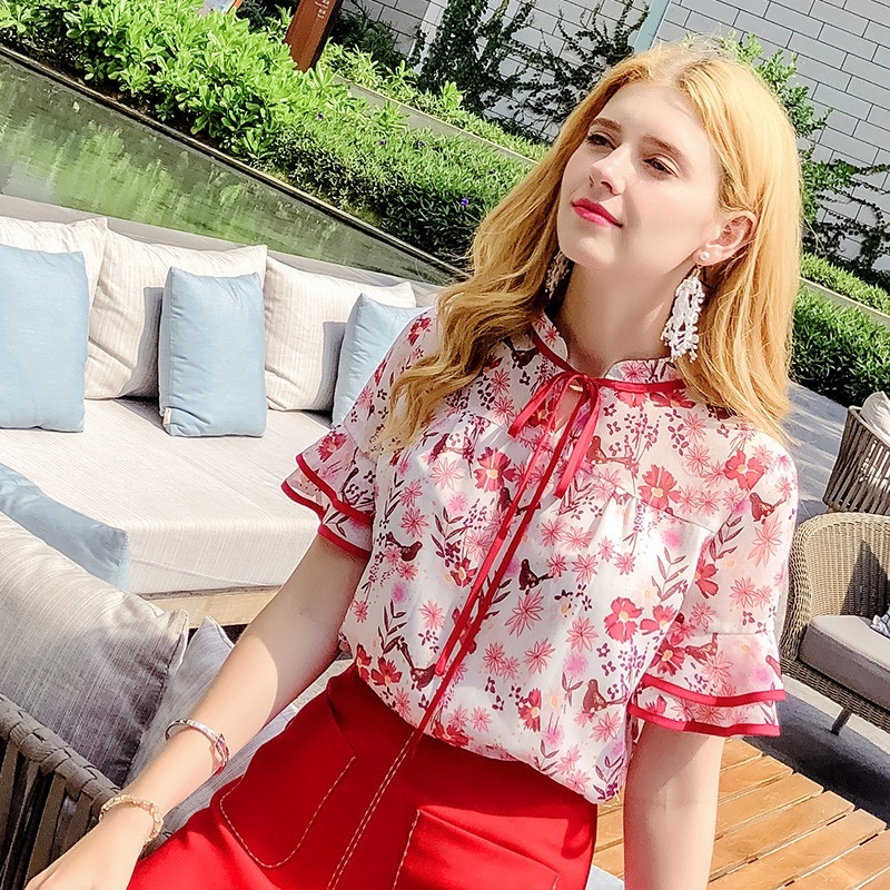 Standing Collar Sleeve Print Chiffon Shirt