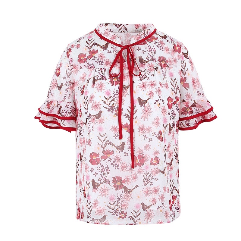 Standing Collar Sleeve Print Chiffon Shirt