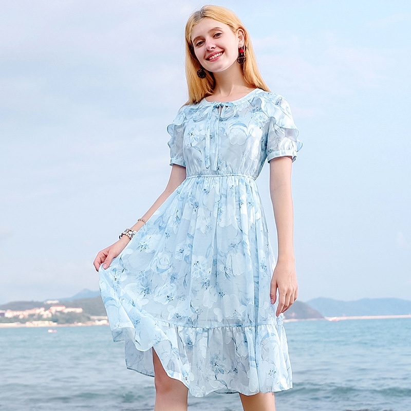 Lace V-neck Buttoned Print Chiffon Dress