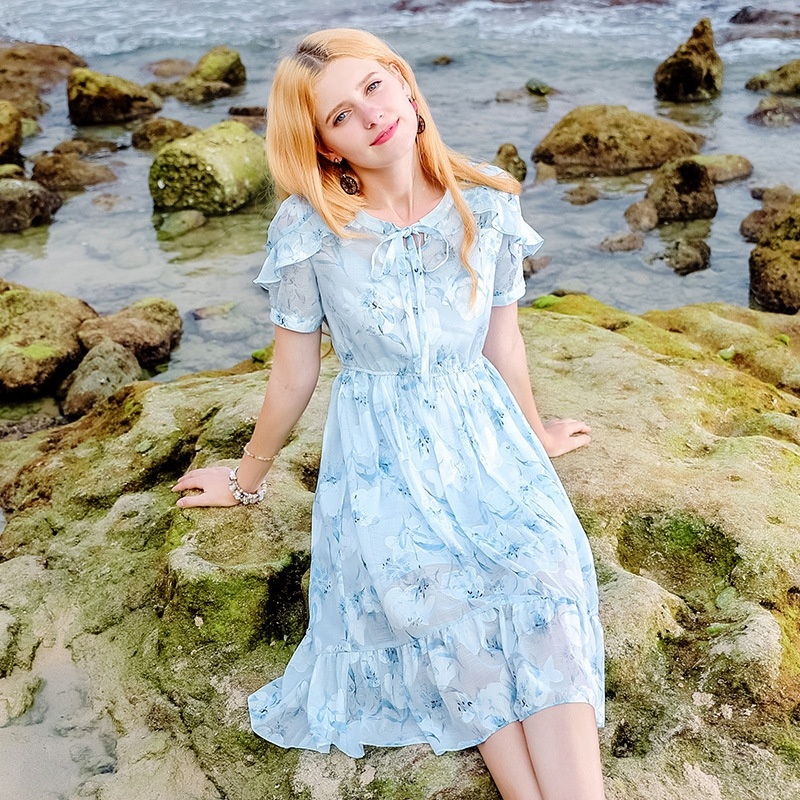 Lace V-neck Buttoned Print Chiffon Dress