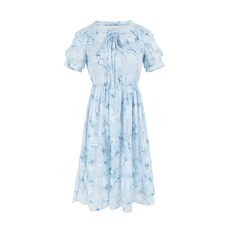 Lace V-neck Buttoned Print Chiffon Dress