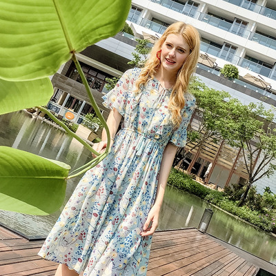 V-neck Pleated Print Chiffon Dress