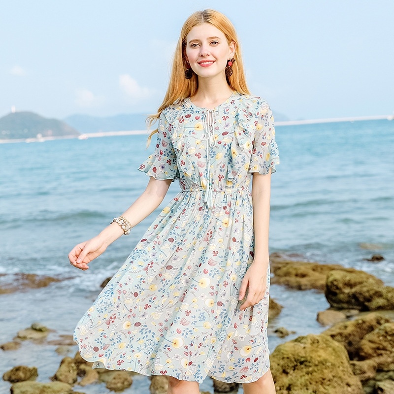 V-Ausschnitt Plissee-Print-Chiffon-Kleid
