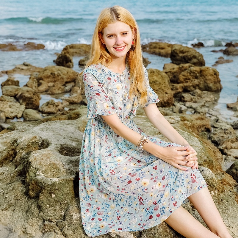V-Ausschnitt Plissee-Print-Chiffon-Kleid