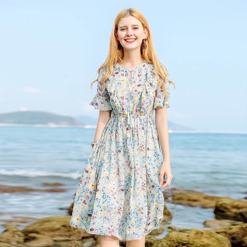 V-Ausschnitt Plissee-Print-Chiffon-Kleid