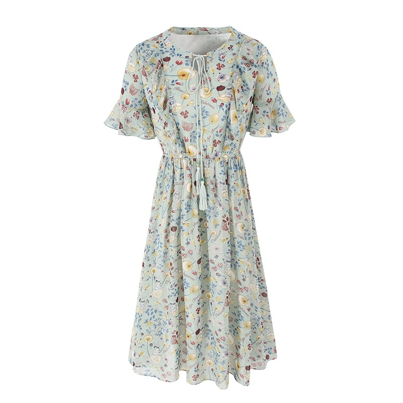 V-Ausschnitt Plissee-Print-Chiffon-Kleid