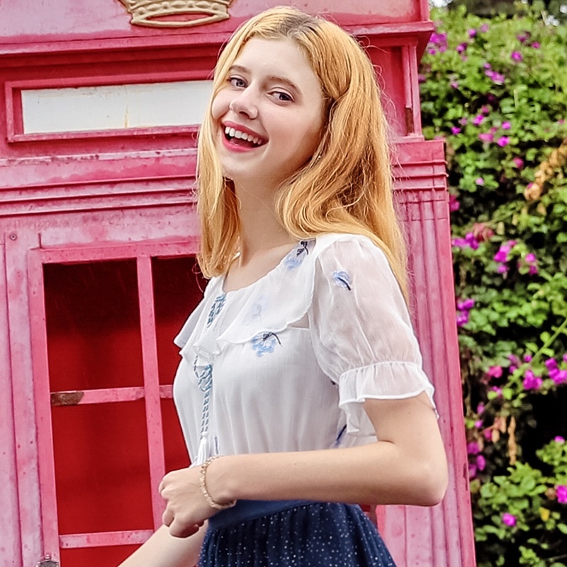 Col Rond Broderie En Mousseline De Soie Chemise