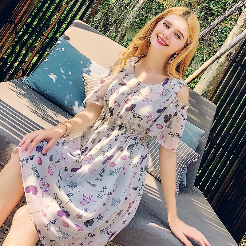 Round Neck Sleeve A-print Chiffon Dress