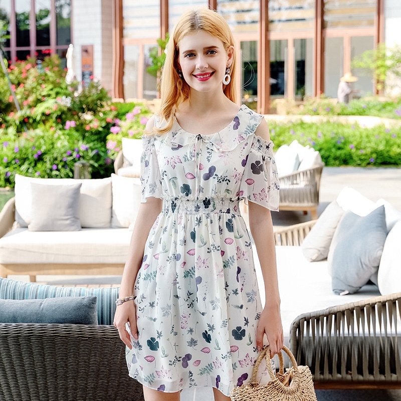 Round Neck Sleeve A-print Chiffon Dress