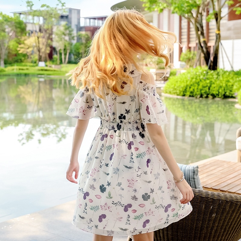 Round Neck Sleeve A-print Chiffon Dress