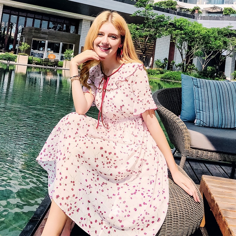 Round Neck Leaf Sleeve A Word Print Chiffon Skirt