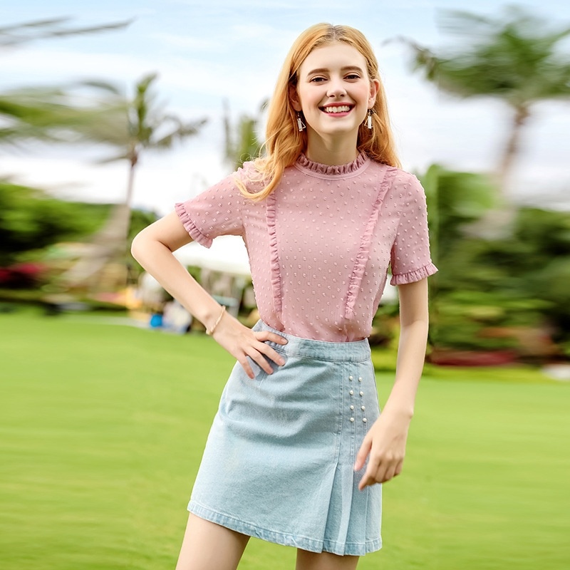 Solid CColor Pleated Denim Skirt