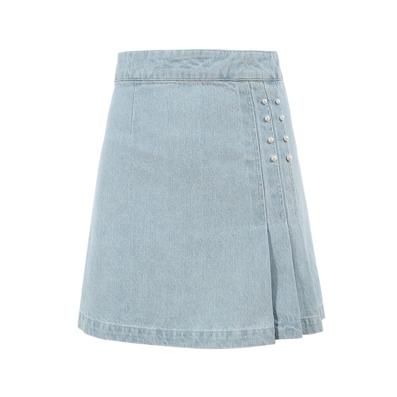 Solid CColor Pleated Denim Skirt