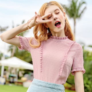 Round Collar-Kopf-Solid-Stitching Chiffon Shirt
