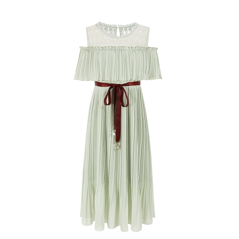 - Rundhalsausschnitt-Geraffte Plissee-Chiffon-Kleid