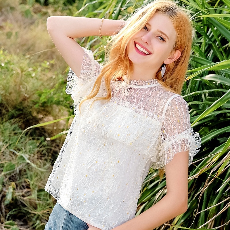 Runde Hals Haken Blume Hohl Spitze Shirt